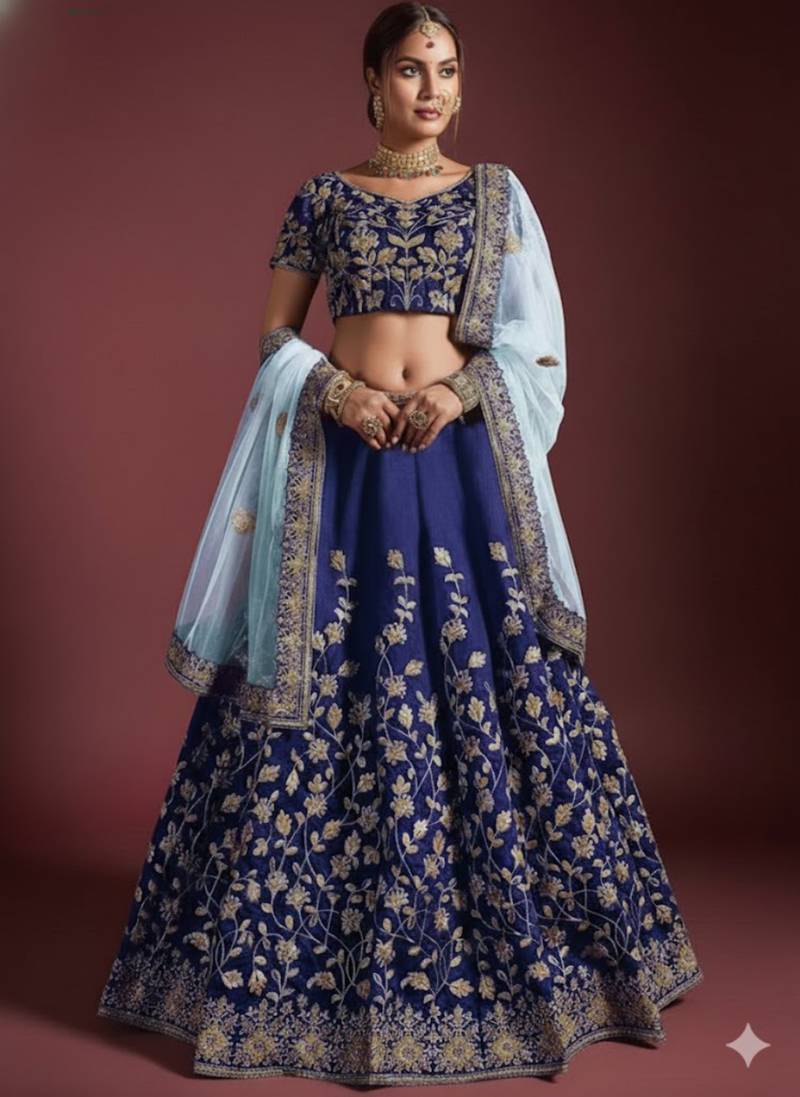 Navy Blue Embroidered Silk Semi Stitched Wedding Bridal Heavy Lehenga Choli For Women