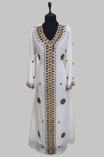  Off White Golden multicolor stone and  Beads Moroccan Kaftan With hijab 