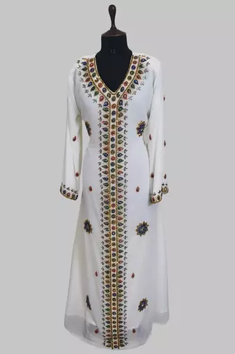  Off White Golden multicolor stone and  Beads Moroccan Kaftan With hijab 