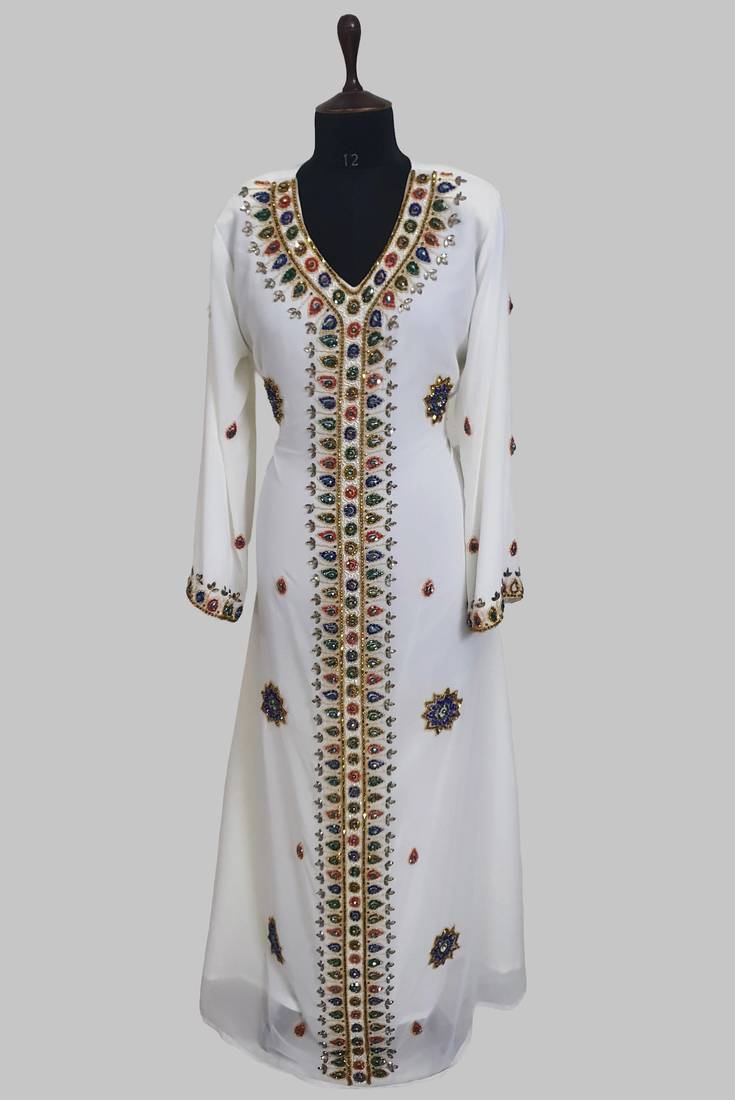  Off White Golden multicolor stone and  Beads Moroccan Kaftan With hijab 