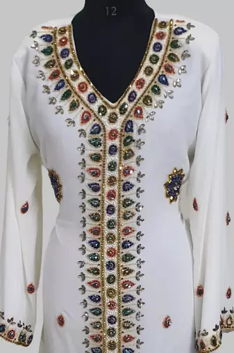  Off White Golden multicolor stone and  Beads Moroccan Kaftan With hijab 
