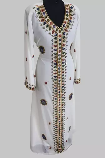  Off White Golden multicolor stone and  Beads Moroccan Kaftan With hijab 