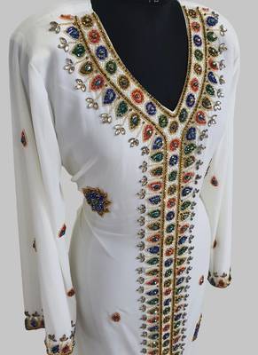  Off White Golden multicolor stone and  Beads Moroccan Kaftan With hijab  4