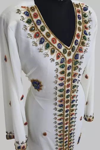  Off White Golden multicolor stone and  Beads Moroccan Kaftan With hijab 