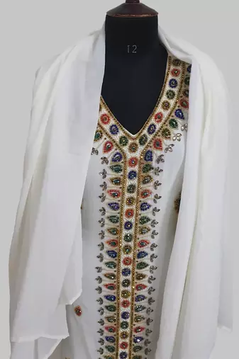  Off White Golden multicolor stone and  Beads Moroccan Kaftan With hijab 