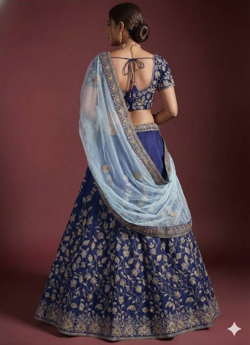 navy blue embroidered silk wedding bridal heavy lehenga set choli with dupatta for women