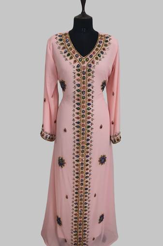 Peach Golden multicolor stone and  Beads Moroccan Kaftan With hijab 