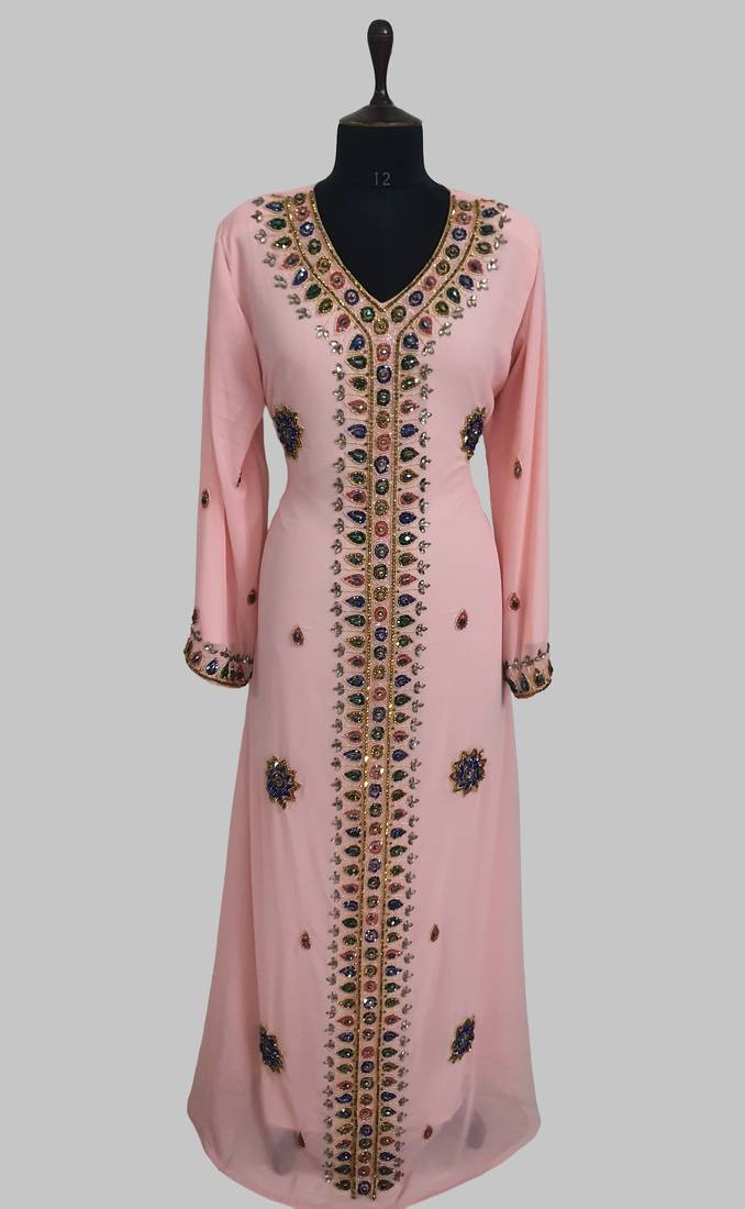 Peach Golden multicolor stone and  Beads Moroccan Kaftan With hijab 