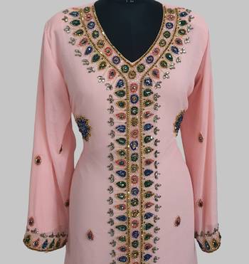Peach Golden multicolor stone and  Beads Moroccan Kaftan With hijab  2