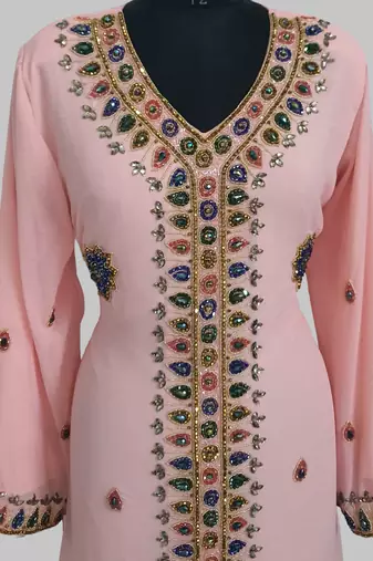 Peach Golden multicolor stone and  Beads Moroccan Kaftan With hijab 