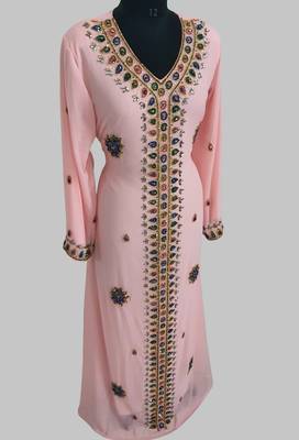 Peach Golden multicolor stone and  Beads Moroccan Kaftan With hijab  3