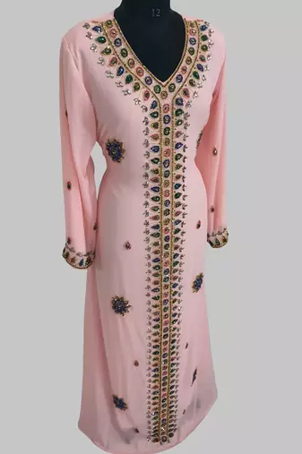 Peach Golden multicolor stone and  Beads Moroccan Kaftan With hijab 