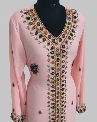 Peach Golden multicolor stone and  Beads Moroccan Kaftan With hijab  4