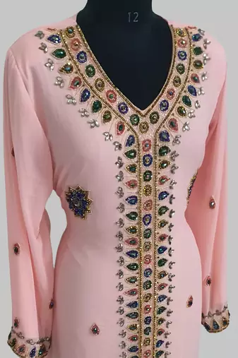 Peach Golden multicolor stone and  Beads Moroccan Kaftan With hijab 