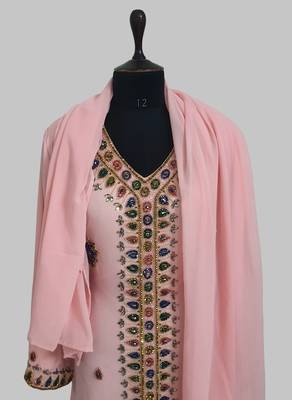 Peach Golden multicolor stone and  Beads Moroccan Kaftan With hijab  5