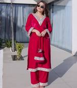 Pink velvet zari embroidered and mirror work kurta with pant