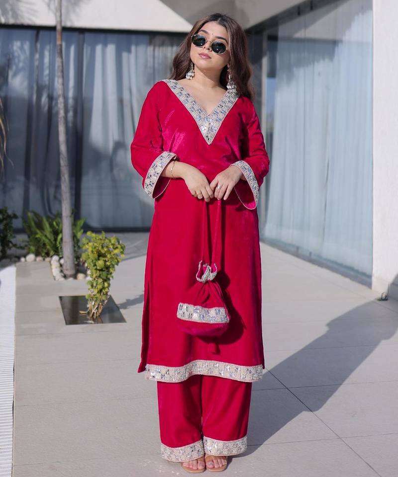 Pink velvet zari embroidered and mirror work kurta with pant
