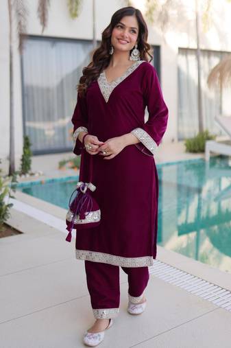 Wine velvet zari embroidered and mirror work kurta with pant