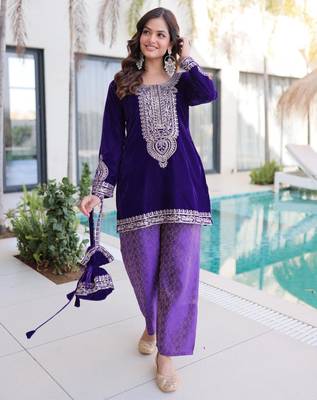 Purple velvet zari embroidered and mirror work kurta with pant 1