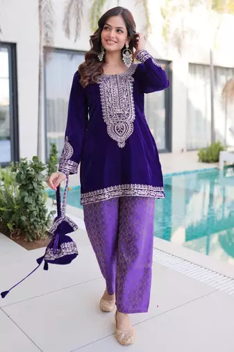 Purple velvet zari embroidered and mirror work kurta with pant