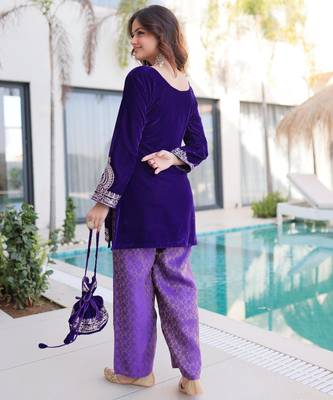 Purple velvet zari embroidered and mirror work kurta with pant 2