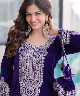 Purple velvet zari embroidered and mirror work kurta with pant 3