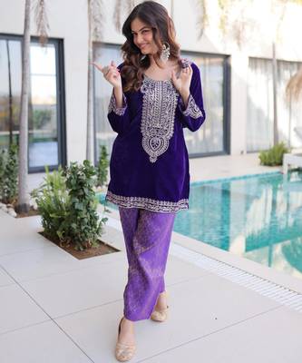 Purple velvet zari embroidered and mirror work kurta with pant 4