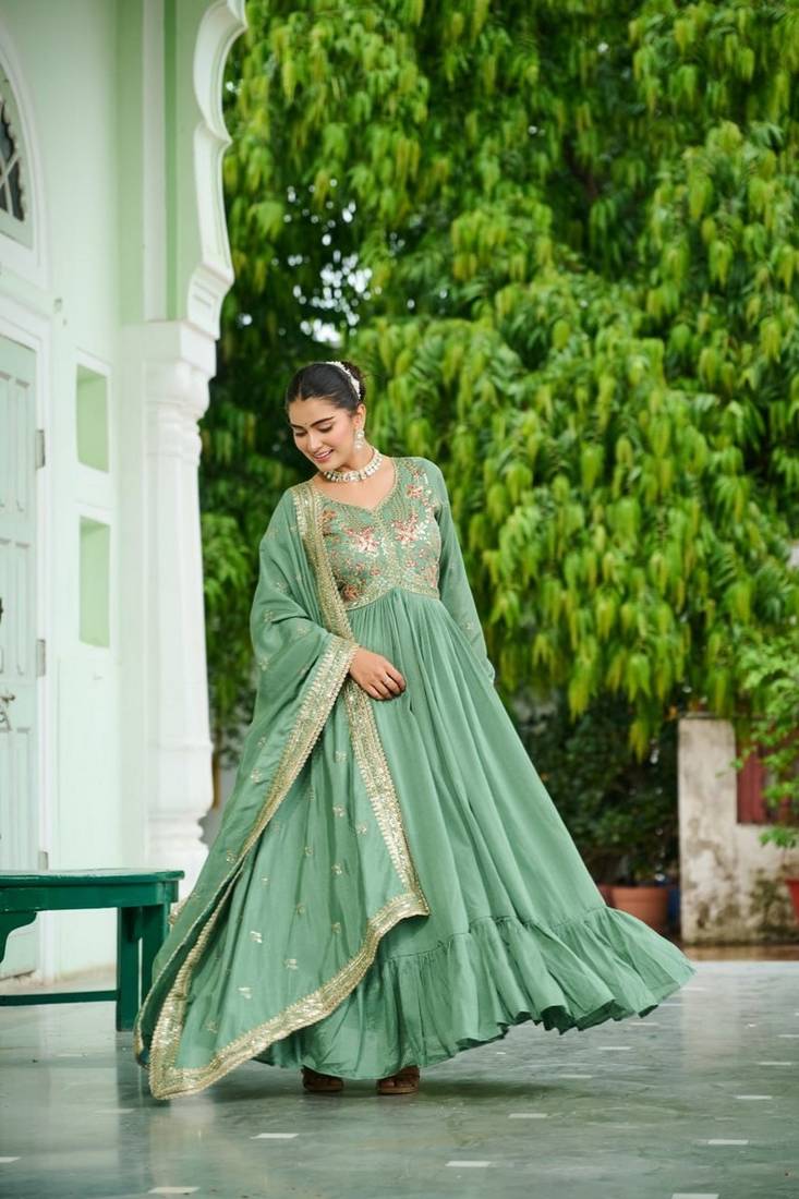 Green zari & sequins embroidered work  vichitra silk stitched kurta gown & dupatta