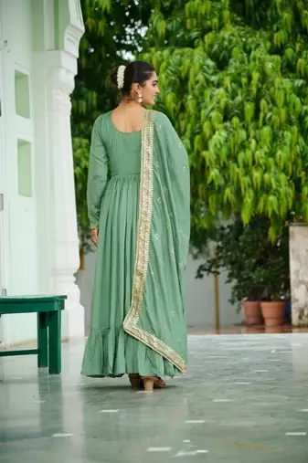 Green zari & sequins embroidered work  vichitra silk stitched kurta gown & dupatta