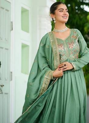 Green zari & sequins embroidered work  vichitra silk stitched kurta gown & dupatta 4
