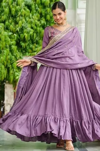 Lavender zari & sequins embroidered vichitra silk Gown & dupatta