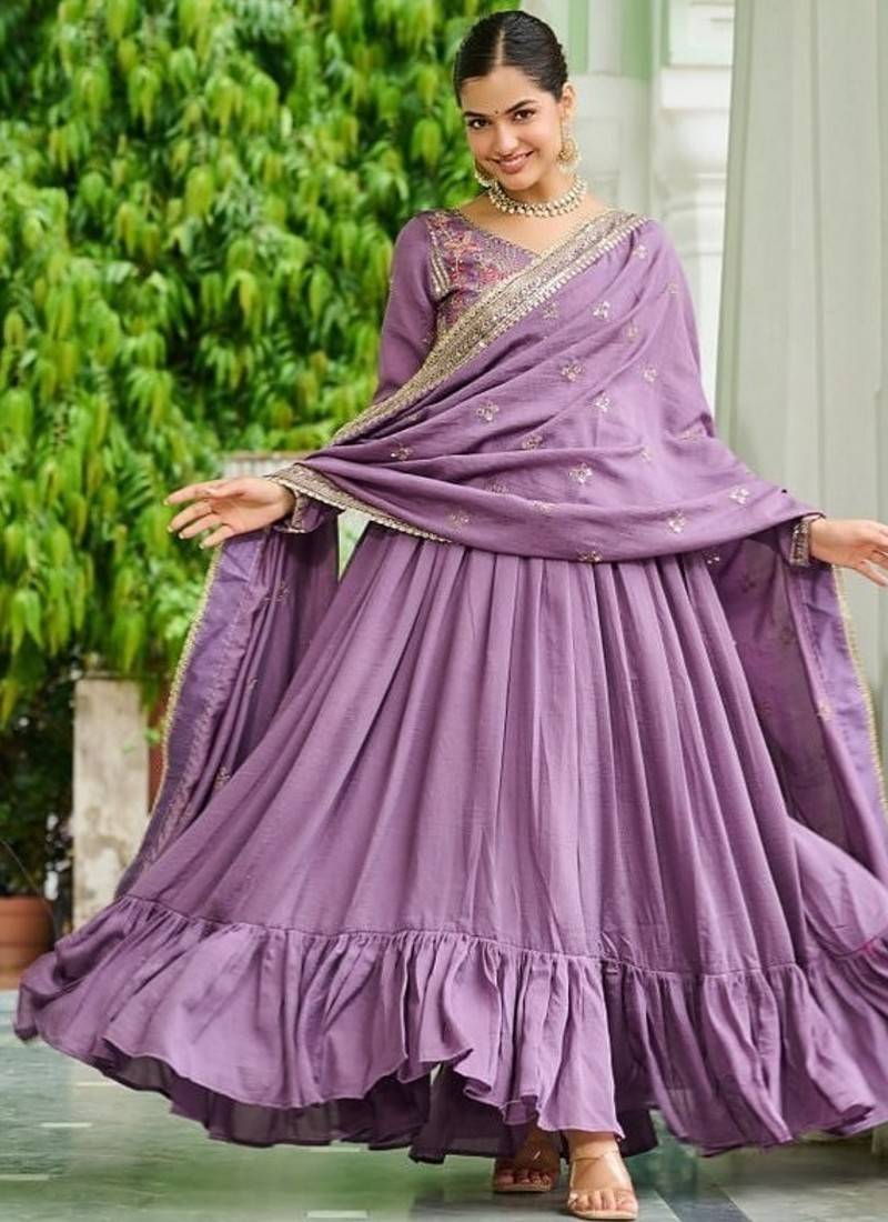 Lavender zari & sequins embroidered vichitra silk Gown & dupatta