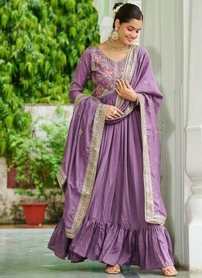 Lavender zari & sequins embroidered vichitra silk Gown & dupatta 2