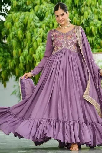 Lavender zari & sequins embroidered vichitra silk Gown & dupatta