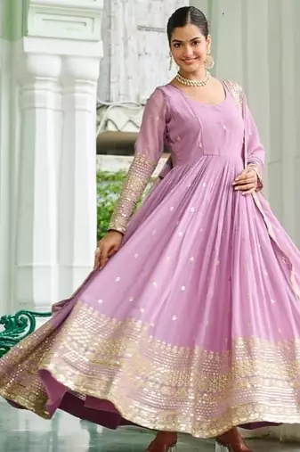 Lavender zari & sequins embroidered work georgette stitched kurta gown & dupatta