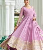 Lavender zari & sequins embroidered work georgette stitched kurta gown & dupatta