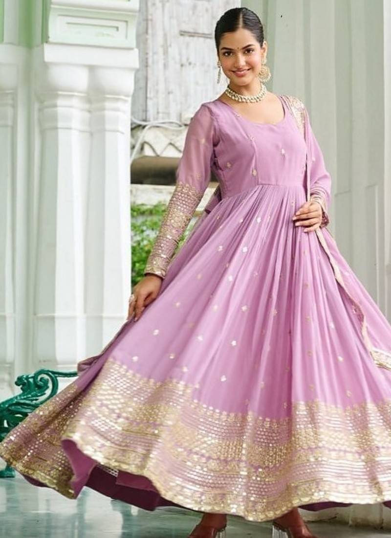 Lavender zari & sequins embroidered work georgette stitched kurta gown & dupatta