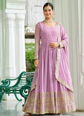 Lavender zari & sequins embroidered work georgette stitched kurta gown & dupatta 2