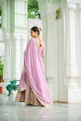 Lavender zari & sequins embroidered work georgette stitched kurta gown & dupatta 3