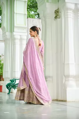 Lavender zari & sequins embroidered work georgette stitched kurta gown & dupatta