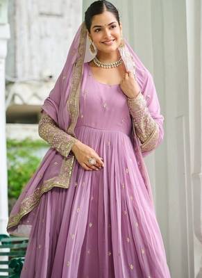 Lavender zari & sequins embroidered work georgette stitched kurta gown & dupatta 4