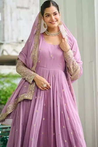 Lavender zari & sequins embroidered work georgette stitched kurta gown & dupatta