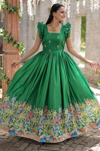 Green zari & sequins embroidered dola silk Gown