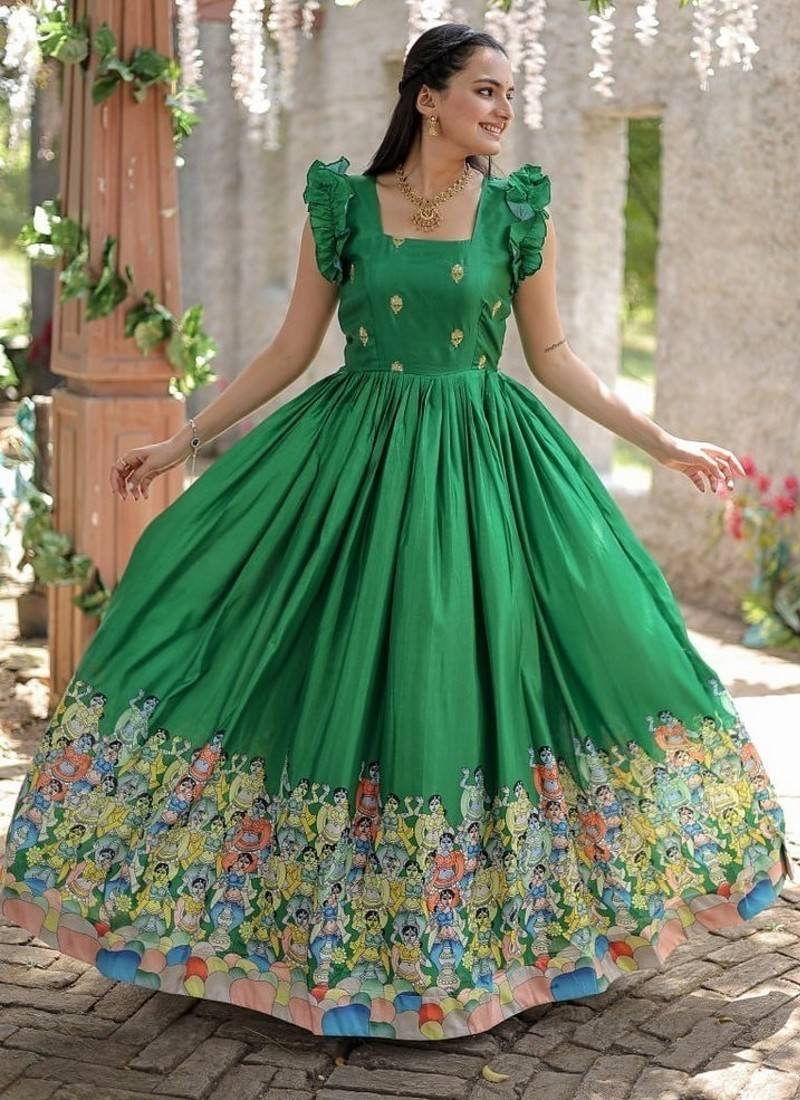 Green zari & sequins embroidered dola silk Gown