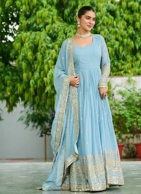 Sky zari & sequins embroidered georgette Gown & dupatta 2