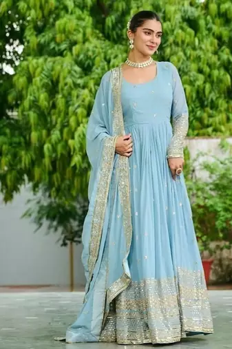 Sky zari & sequins embroidered georgette Gown & dupatta