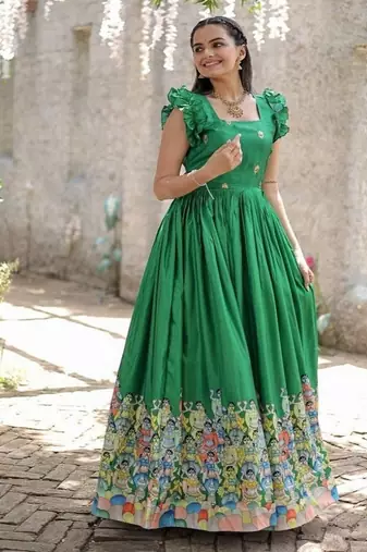 Green zari & sequins embroidered dola silk Gown