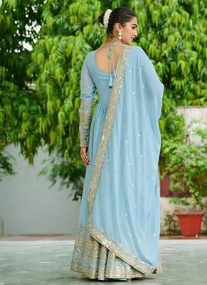 Sky zari & sequins embroidered georgette Gown & dupatta 3