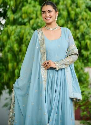 Sky zari & sequins embroidered georgette Gown & dupatta 4