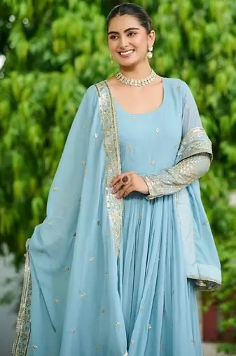 Sky zari & sequins embroidered georgette Gown & dupatta